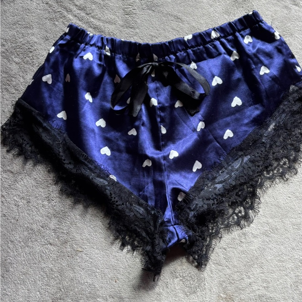 Navy Heart Print Satin Shorts with Lace Trim
